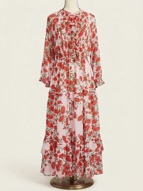 Banjanan Floral Tiered Long Sleeve Maxi Dress - Pink/Red